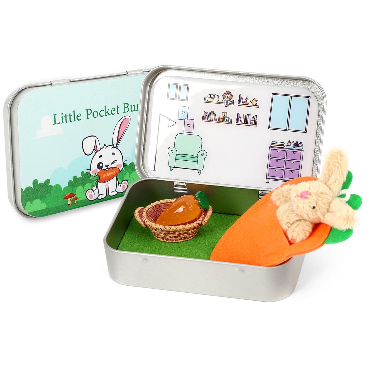 Little Pocket Bunny, Easter Basket Stuffer, Easter Gifts for Kids, DIY Pet Bunny Adoption, Easter Baskets,Cute Rabbit in Tin Box, Travel Buddy